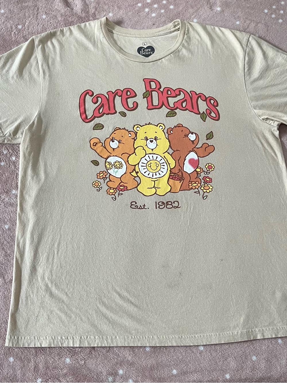 Care Bears Cream Graphic Tee with Yellow, Brown & Tan Bears size:L